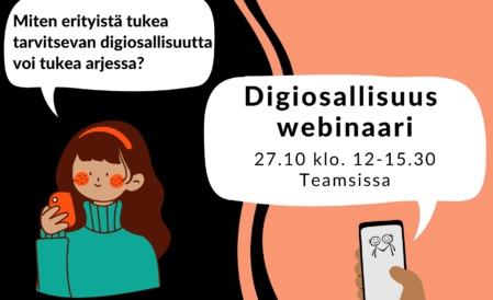 Mainos Digiosallisuus-webinaarista, jossa piirretty hahmo ja käsi, joka pitelee puhelinta.